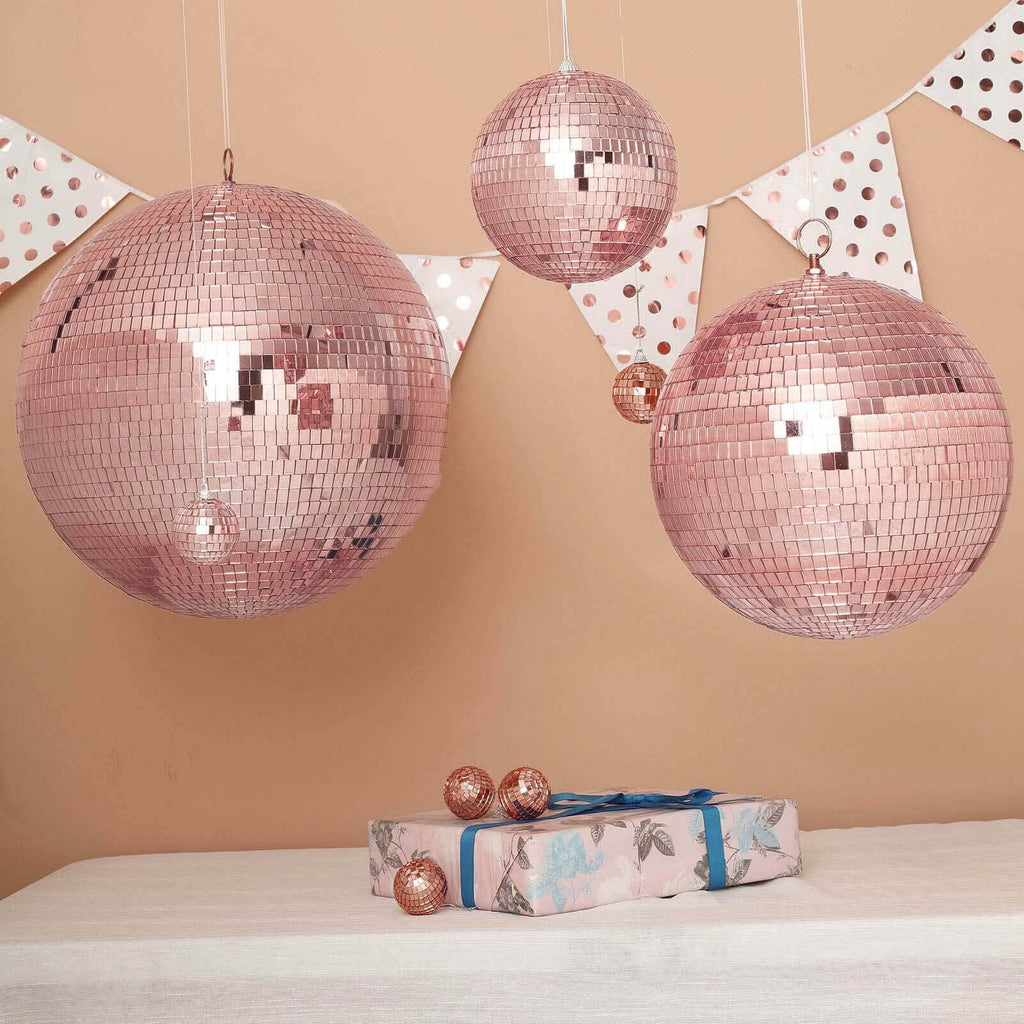 16" Large Rose Gold Foam Disco Mirror Ball With Hanging Swivel Ring, Holiday Party Decor