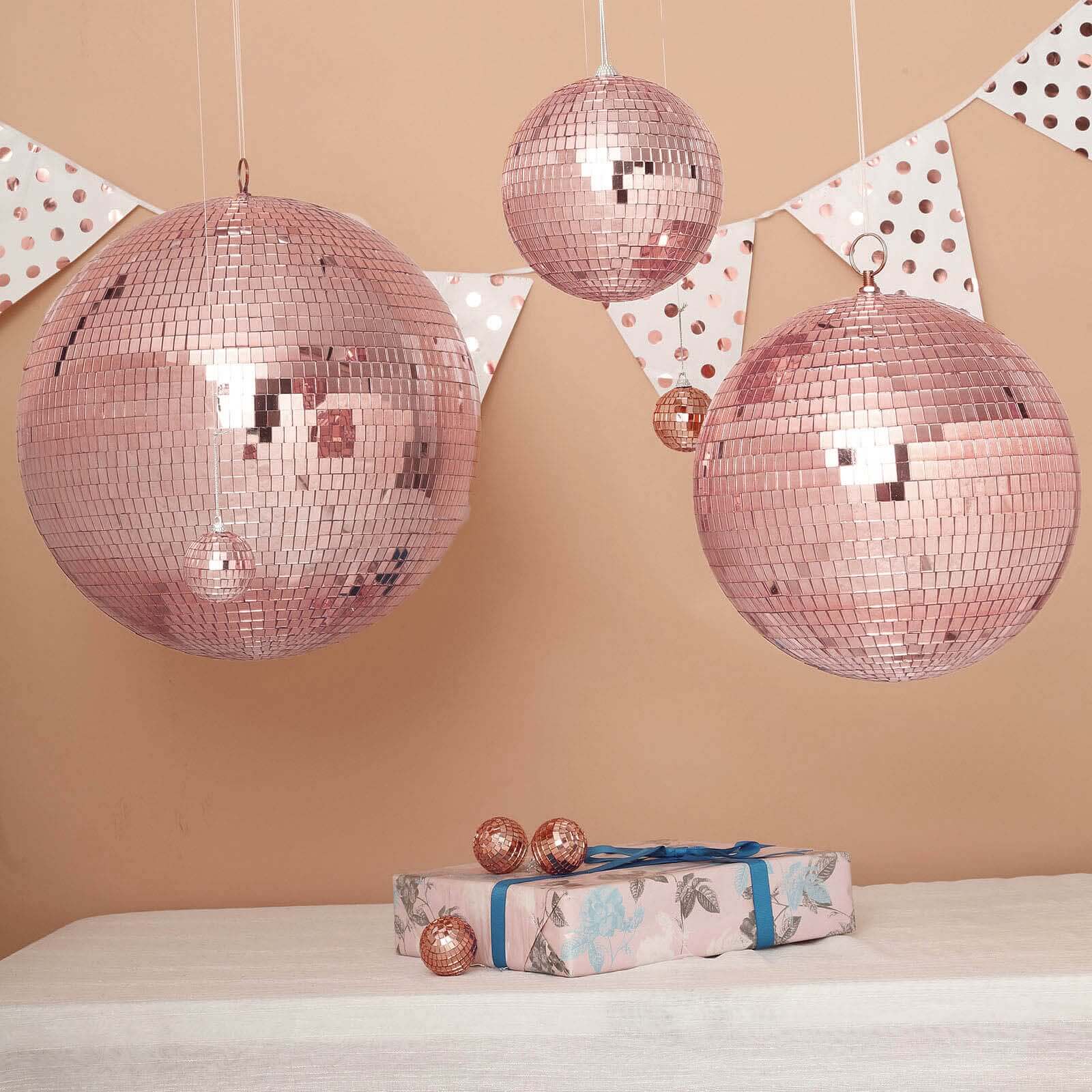 16" Large Rose Gold Foam Disco Mirror Ball With Hanging Swivel Ring, Holiday Party Decor