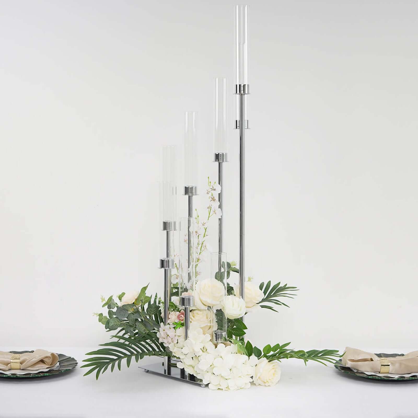 8 Arm Cluster Taper Candle Holder Silver - Stunning Large Candle Arrangement With Clear Glass Shades for Grand Banquets & Celebrations 42"