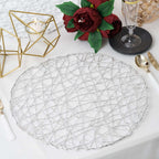 6-Pack Table Placemats Woven Fiber Design Silver Round - Disposable Mats for Dining and Events 15"