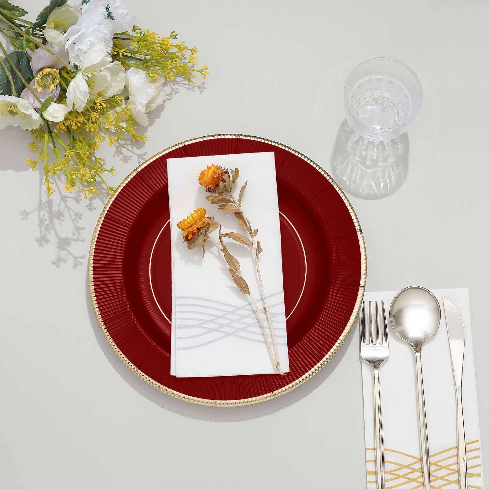 25-Pack Paper 10" Round Dinner Plates in Burgundy Sunray Design with Gold Rim - Disposable Heavy Duty 350GSM Party Plates