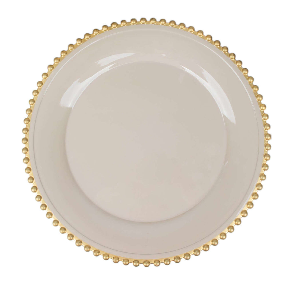 6-Pack Acrylic Round Charger Plates 13" in Taupe with Gold Beaded Rim, Decorative Dinner Party Charger Tableware
