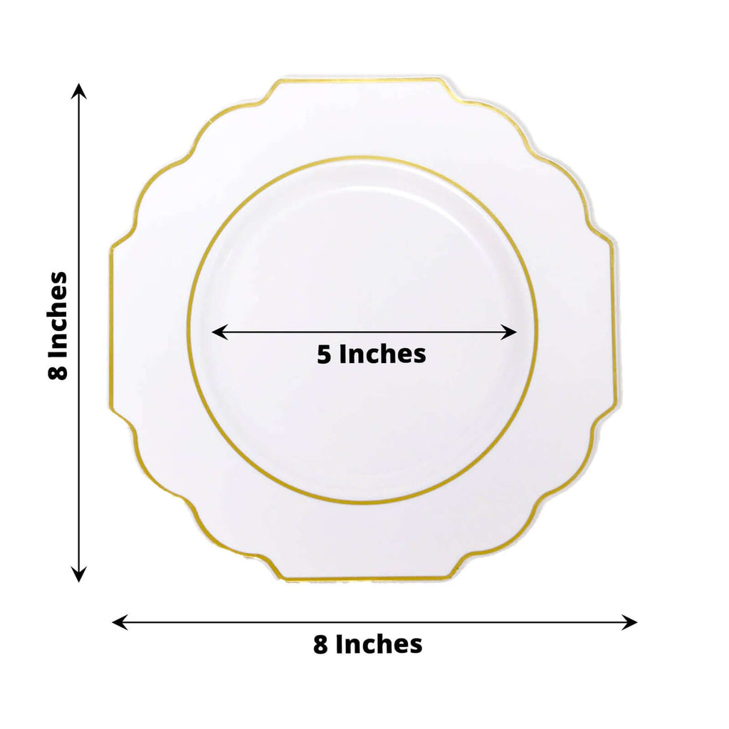 10-Pack Plastic Dessert Appetizer Plates in White Baroque Design with Scalloped Gold Rim - Heavy Duty Disposable Salad Plates for Formal Events & Banquets 8"
