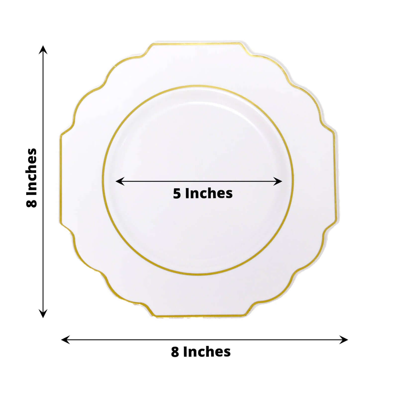 10-Pack Plastic Dessert Appetizer Plates in White Baroque Design with Scalloped Gold Rim - Heavy Duty Disposable Salad Plates for Formal Events & Banquets 8"