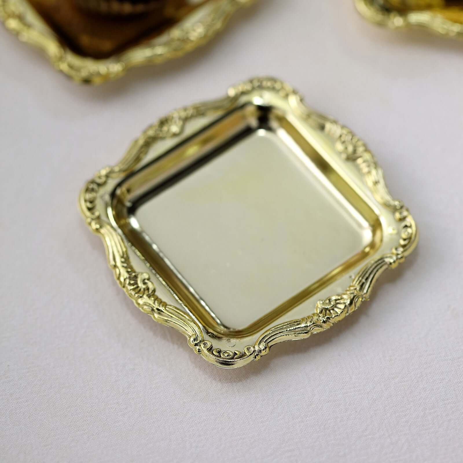 12 Pack 3" Gold Baroque Mini Square Sweet Treats Serving Platter, Party Favor Candy Display Tray