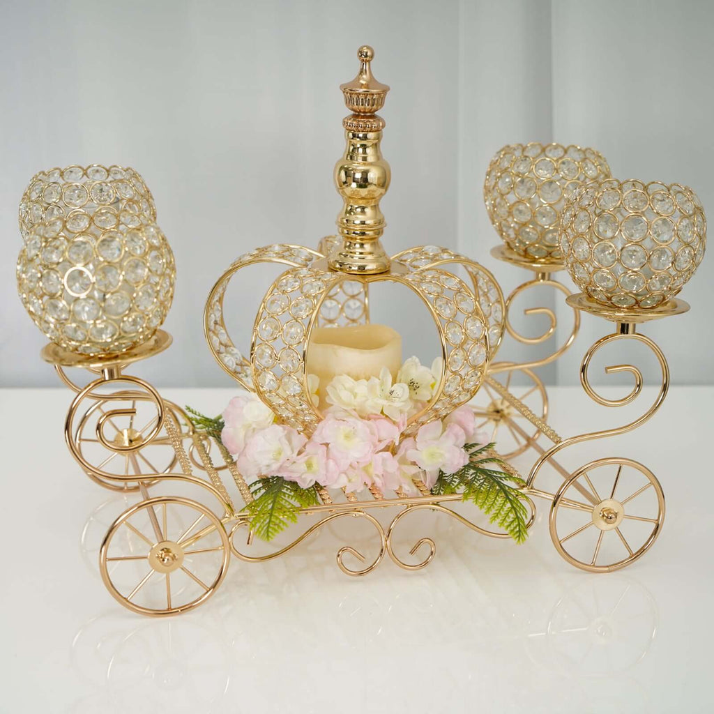 Candle Holder 4-Arm Gold Metal Crystal Cinderella Carriage Wedding Centerpiece - Decorative Display 18"