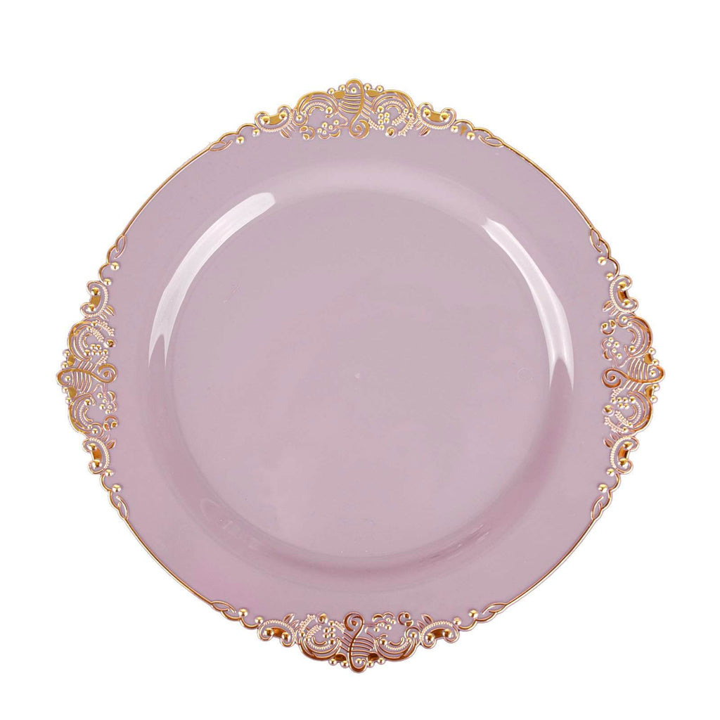 10-Pack Plastic 8" Round Dessert Plates in Lavender Lilac with Gold Leaf Embossed Rim - Disposable Vintage Baroque Style Salad Plates