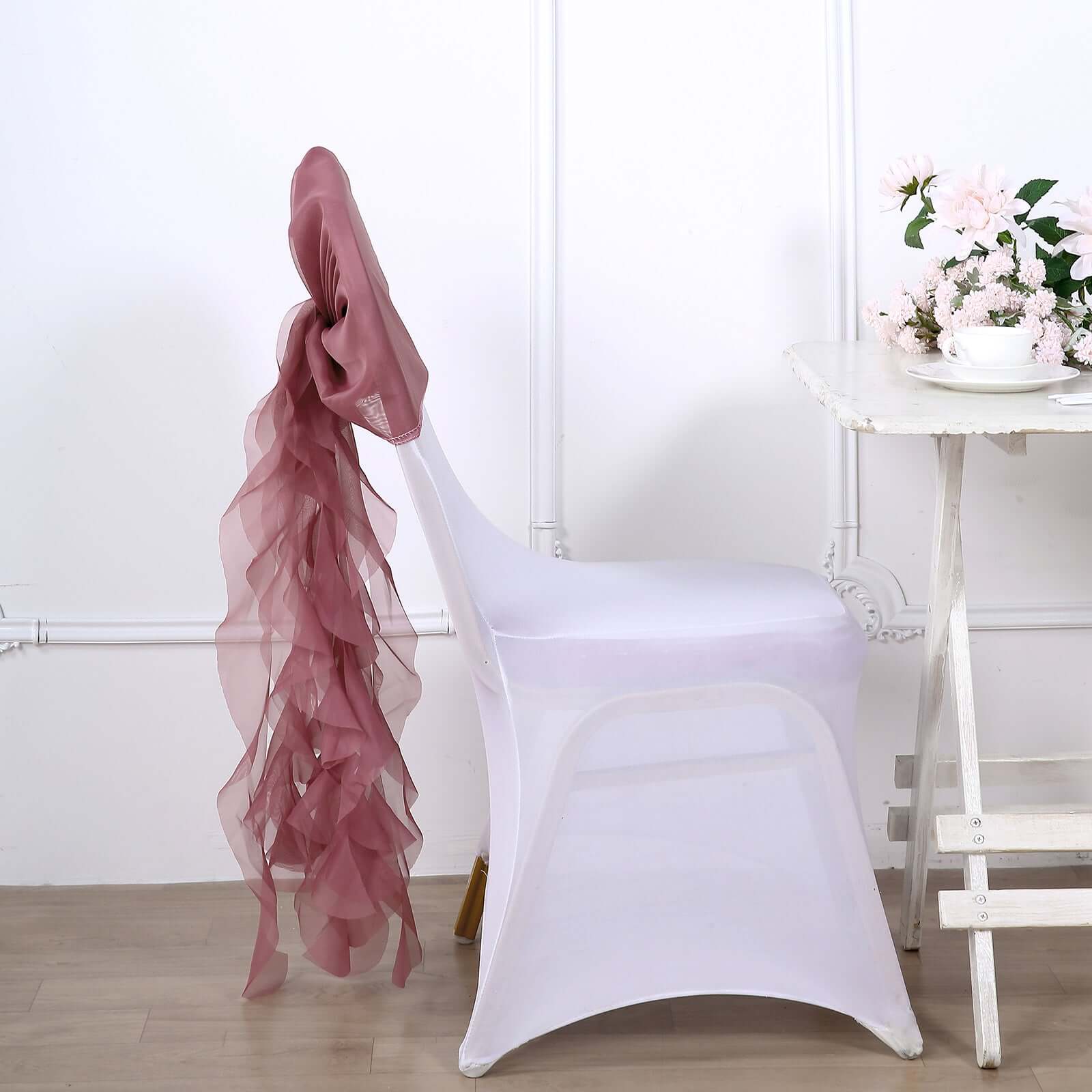 Chiffon Chair Sash with Curly Design Mauve Cinnamon Rose - Stylish Chair Decorations