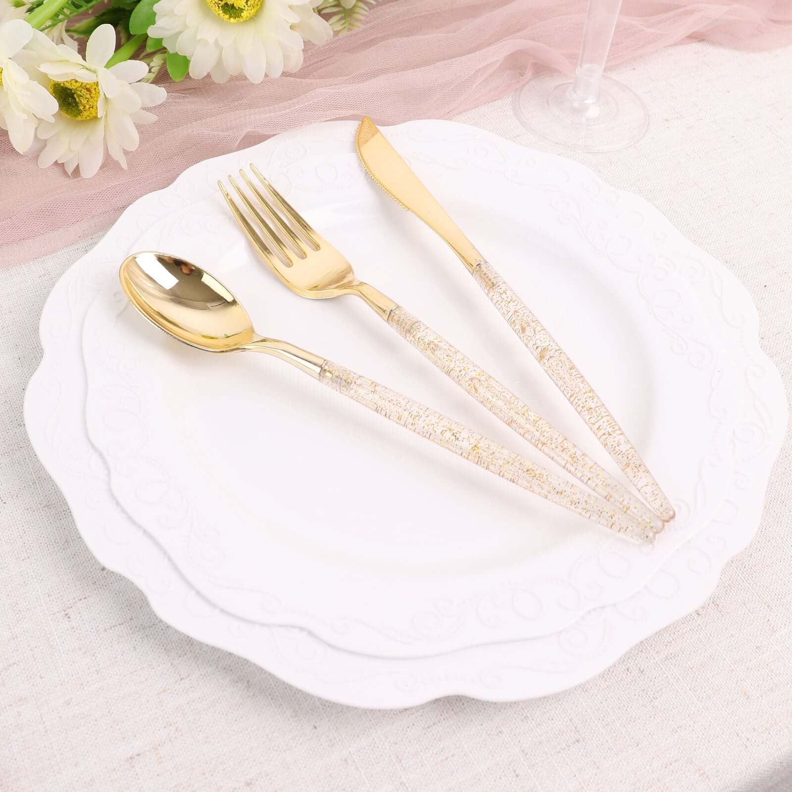 24-Pack Plastic Cutlery Set Metallic Gold with Gold Glitter - Stylish Disposable Silverware Pack 8"