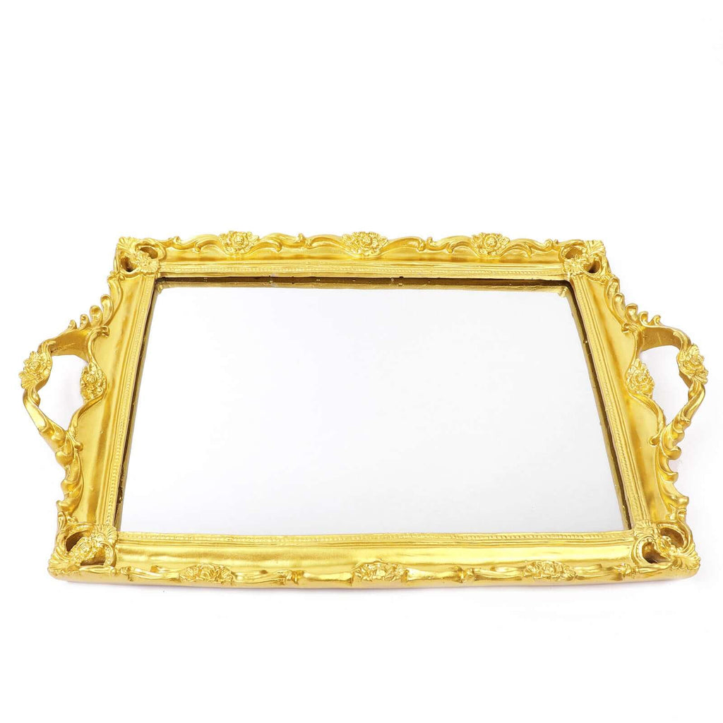 Resin Mirrored Rectangle Serving Tray 15"x10" in Metallic Gold with Baroque Design, Stylish Decorative Vanity Tray Centerpiece