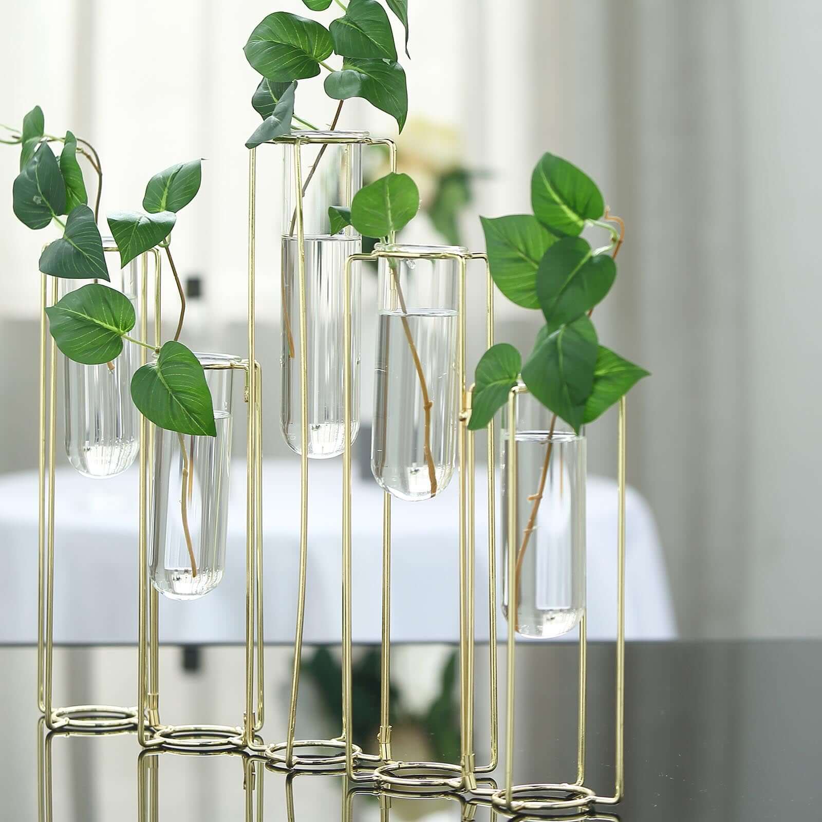 Set of 5 Wedding Centerpieces Gold Frame Conjoined Geometric Design - Test Tube Hydroponic Vases 12"