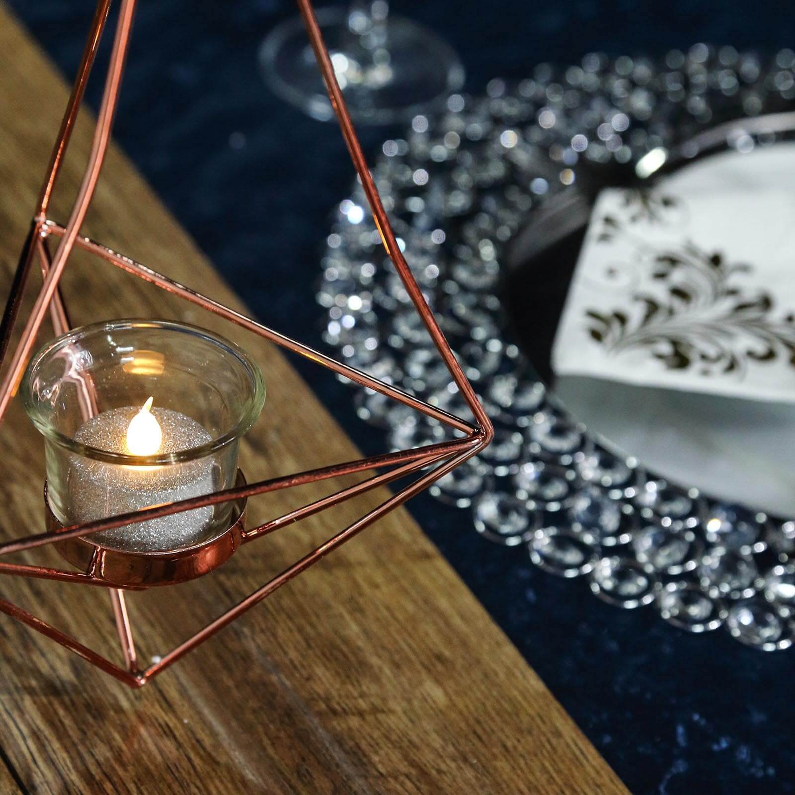 Set of 2 Hanging Tealight Candle Holders Rose Gold Metal Diamond Geometric Open Frame - Flower Terrariums 12", 15"