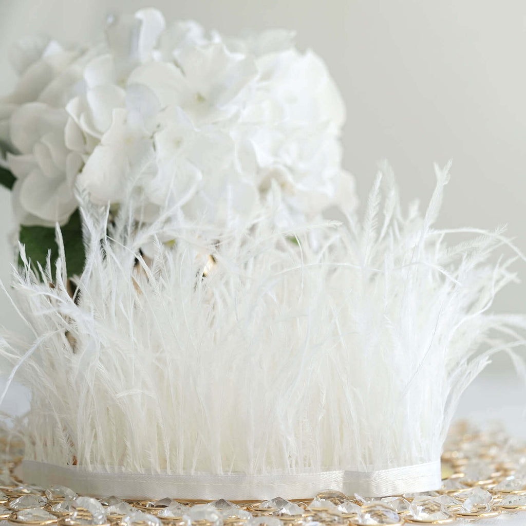 39" White Real Ostrich Feather Fringe Trim With Satin Ribbon Tape