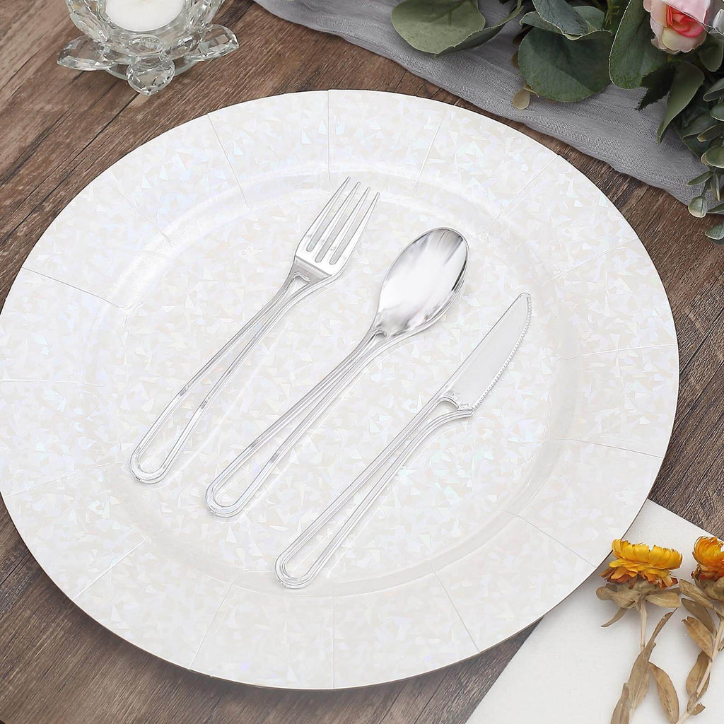 24-Pack Plastic Utensil Set with Modern Hollow Handle Design Silver - Disposable Silverware 7"