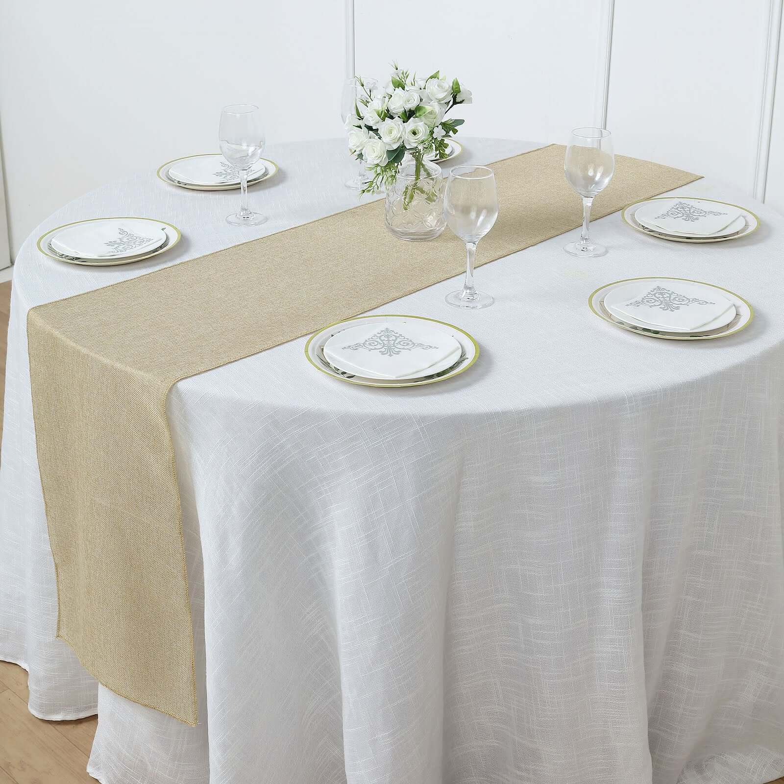 Faux Linen 14"x108" Table Runner Natural - Rustic Style Table Decor