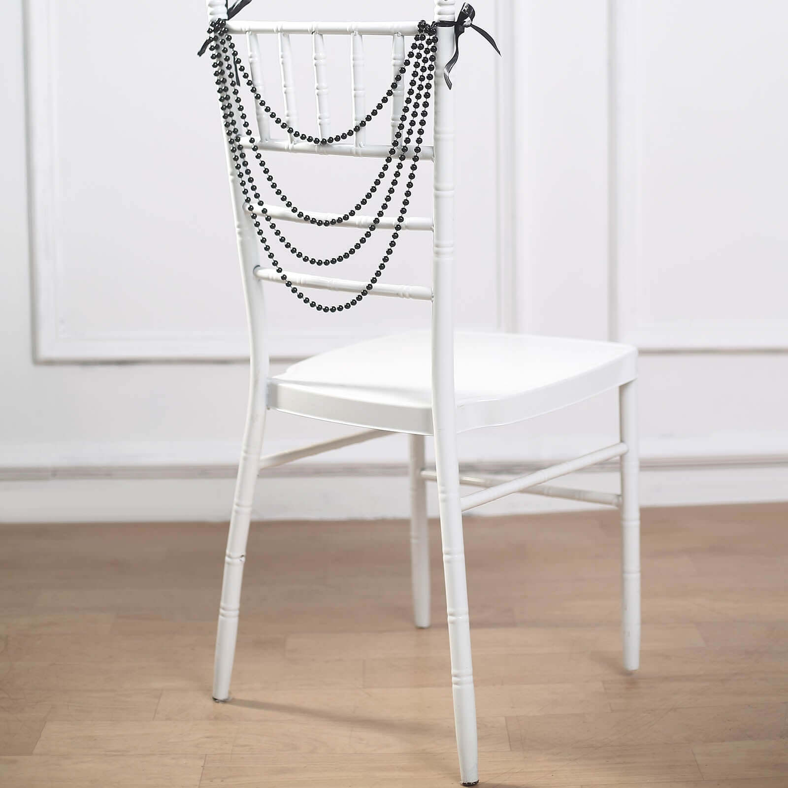 Faux Pearl Beaded 16" Chair Back Garland Sash Black Gatsby-Inspired Style - Pre-Tied Chic Wedding Decor for Chiavari Chairs