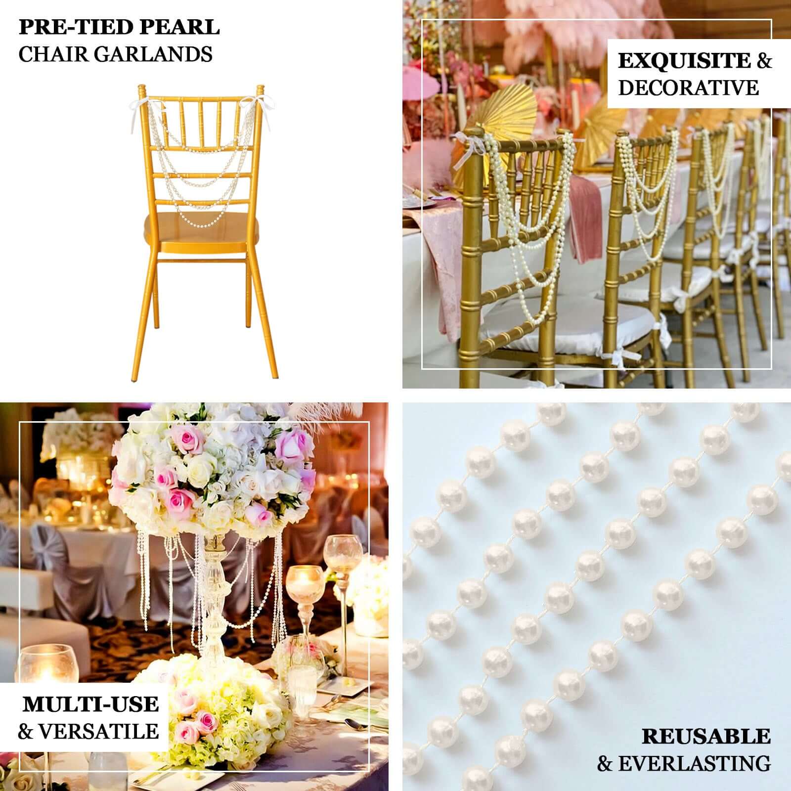 Faux Pearl Beaded 16" Chair Back Garland Sash Ivory Gatsby - Inspired Style - Pre - Tied Chic Wedding Decor for Chiavari Chairs - Bell Racket Store