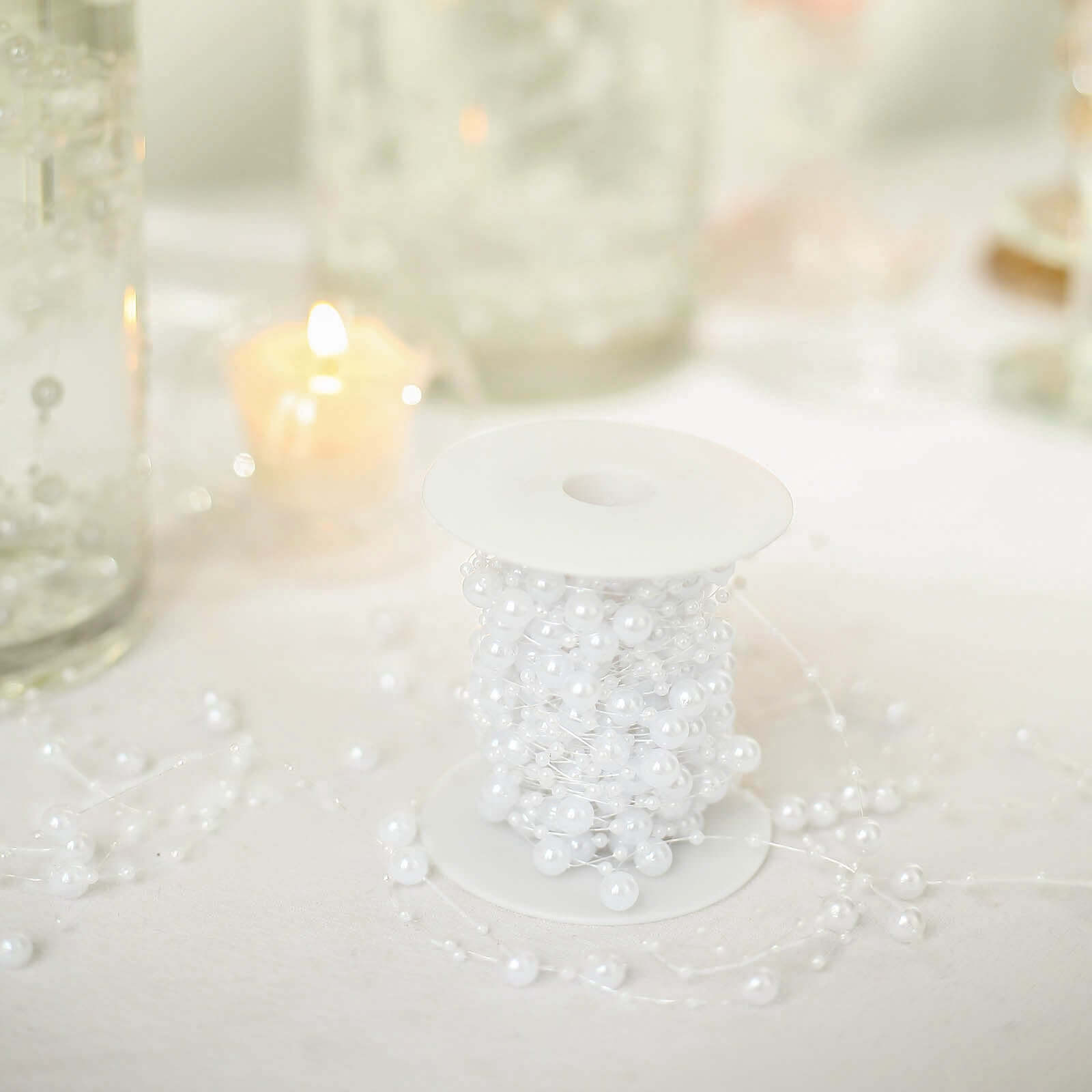 Faux Pearl String Beads Vase Filler - White DIY Craft Fishing Line Pearl Chains 100ft - Bell Racket Store
