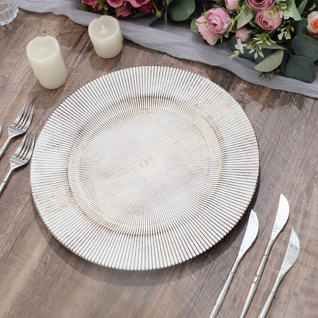 6-Pack Faux Wood Round Charger Plates 13" White Washed with Embossed Sunray Pattern, Chic Plastic Decorative Chargers