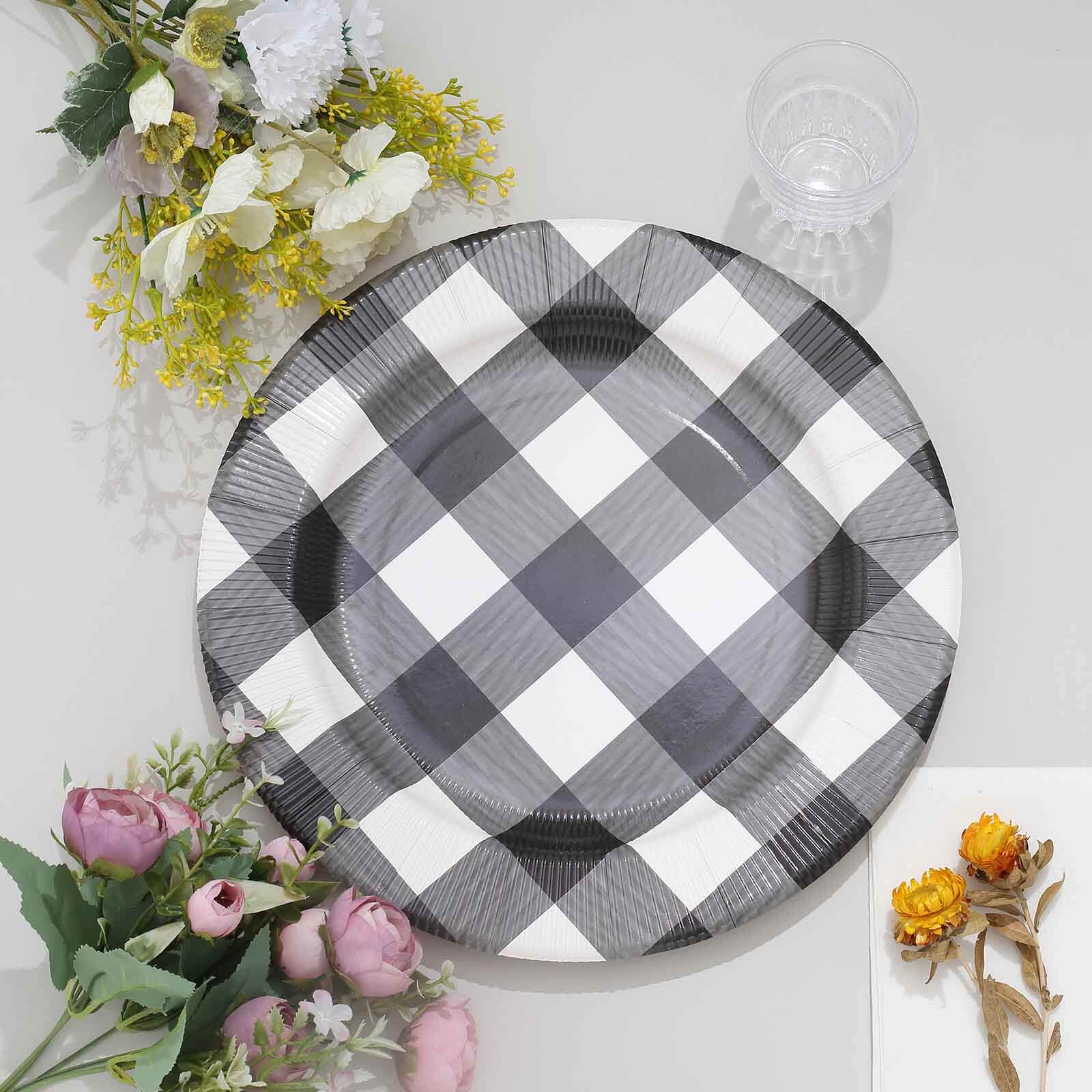 10-Pack Disposable Paper Charger Plates â€“ Black/White Buffalo Plaid 13" Round Table Chargers, 350 GSM Cardstock