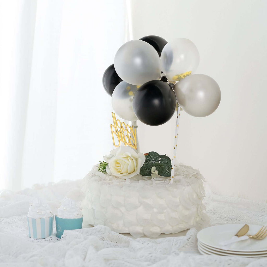 11 Pcs Balloon Cake Topper Black, Silver and Clear - Whimsical Clustered Mini Garland Cake Inserts DIY Party Decorations