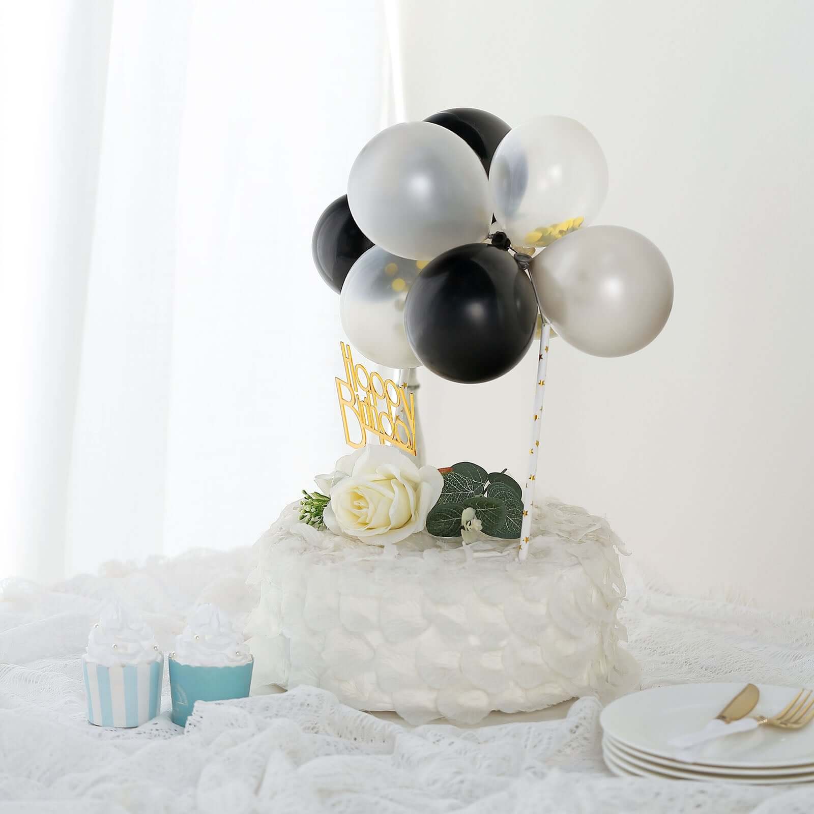 11 Pcs Balloon Cake Topper Black, Silver and Clear - Whimsical Clustered Mini Garland Cake Inserts DIY Party Decorations