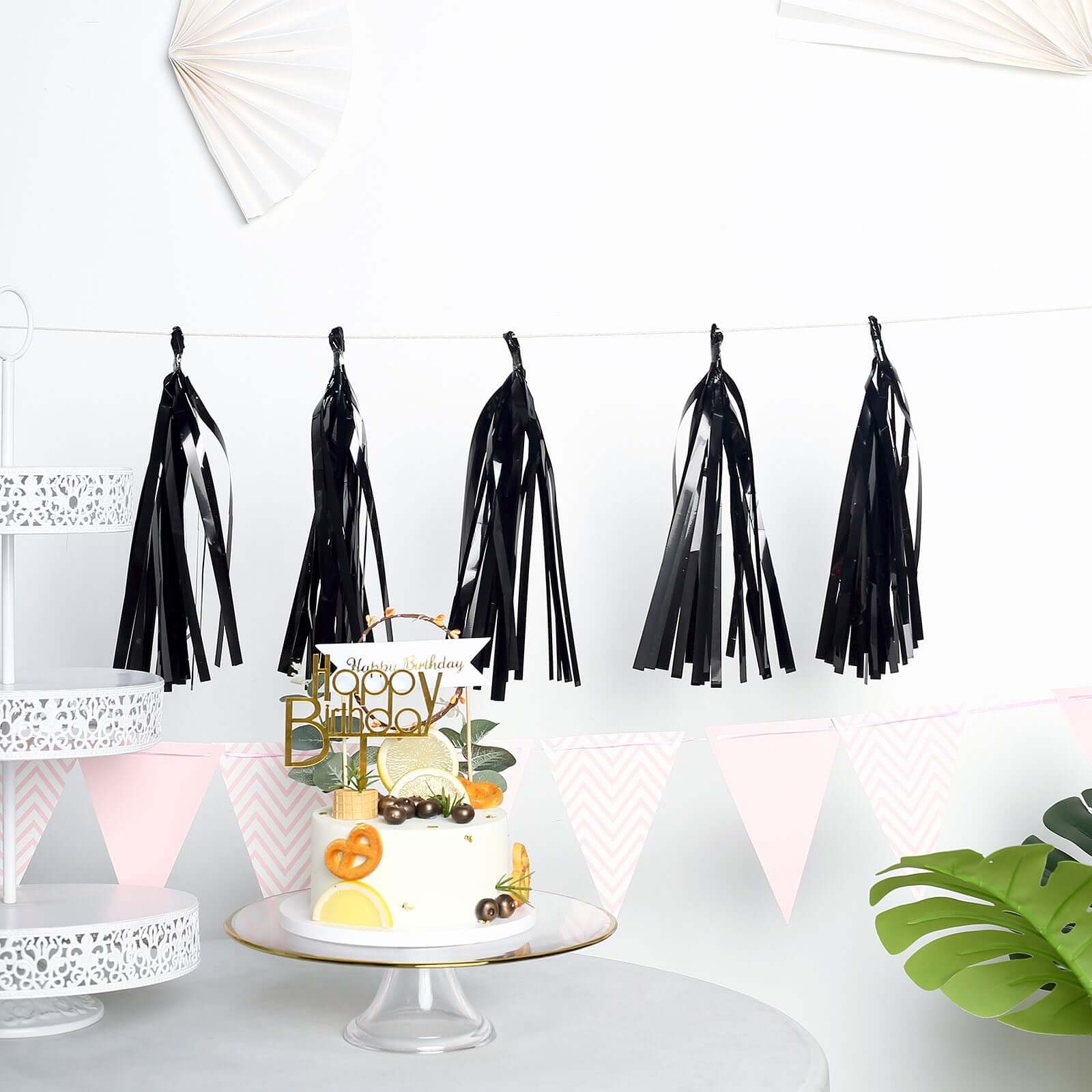 7.5ft Long Metallic Black Foil Tassels Fringe Garland, Tinsel Streamer Party Backdrop Decorations