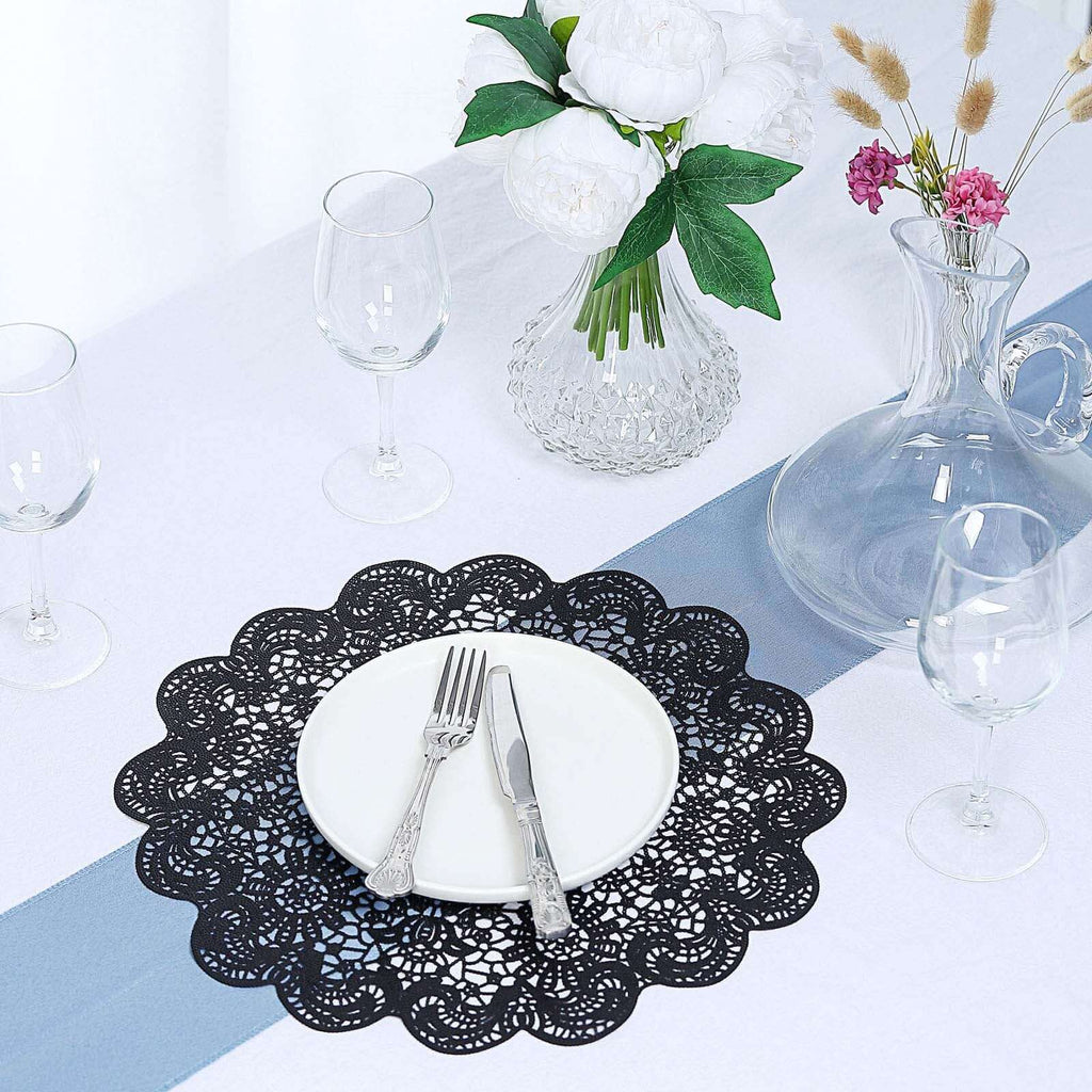 6-Pack Dining Table Mats Floral Lace Design Black - Vinyl Non-Slip Surface with Vintage Appeal 15"