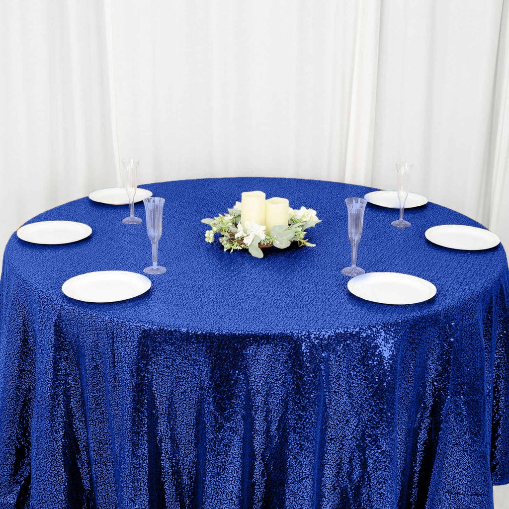 Sequin 120" Round Tablecloth Royal Blue - Seamless Glittering Table Cover