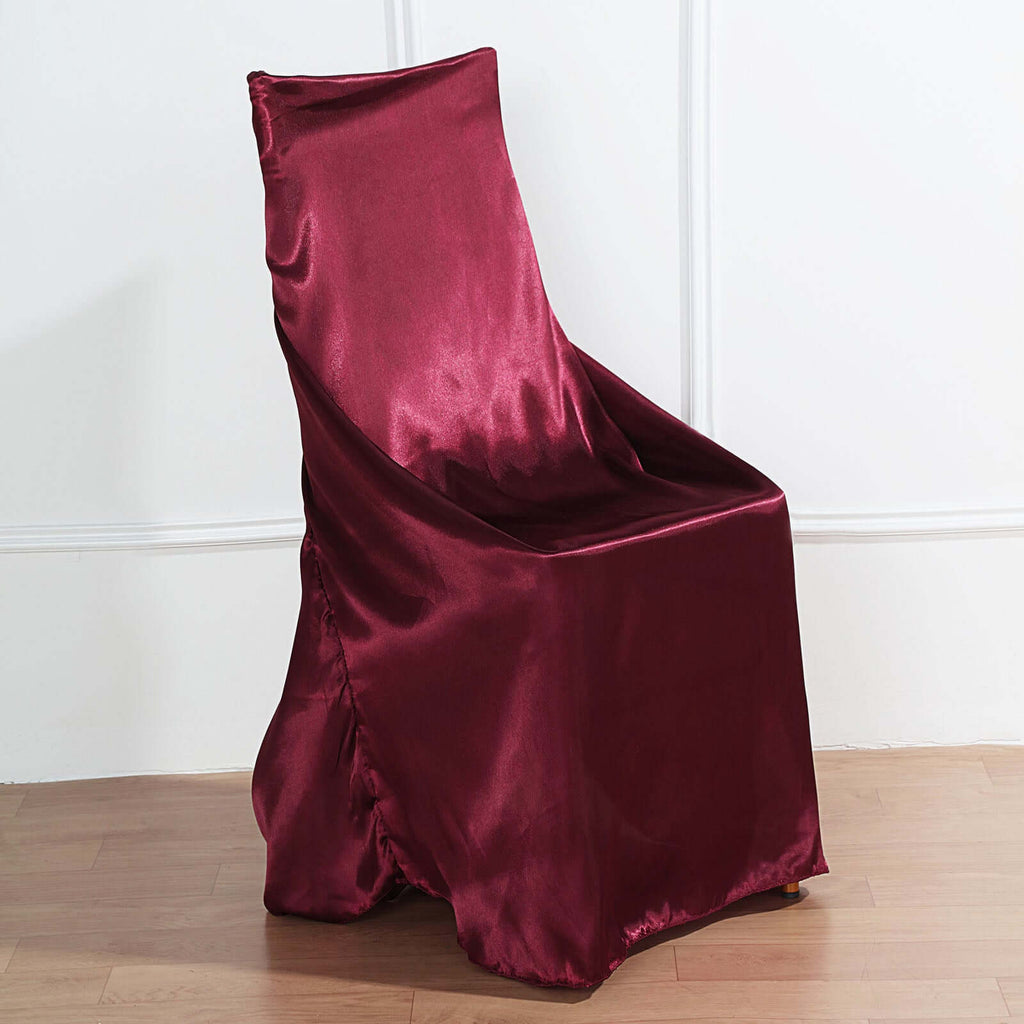 Satin Chair Cover Self-Tie Universal Design Burgundy - Durable Slip-On Cover for Folding, Dining, Banquet & Standard Chairs