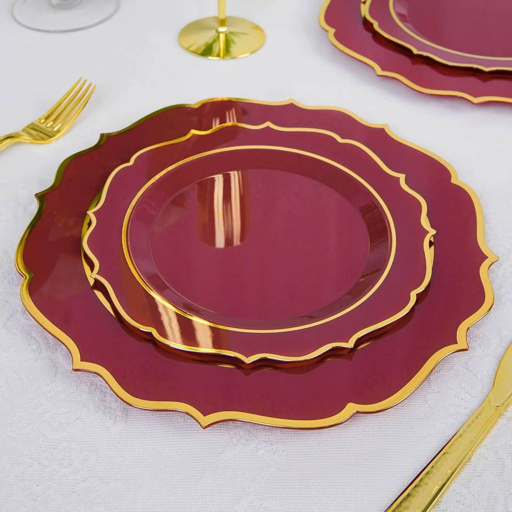 10-Pack Plastic 8" Round Dessert Plates in Burgundy with Gold Scalloped Rim - Disposable Appetizer/Salad Plates