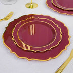 10-Pack Plastic 8" Round Dessert Plates in Burgundy with Gold Scalloped Rim - Disposable Appetizer/Salad Plates