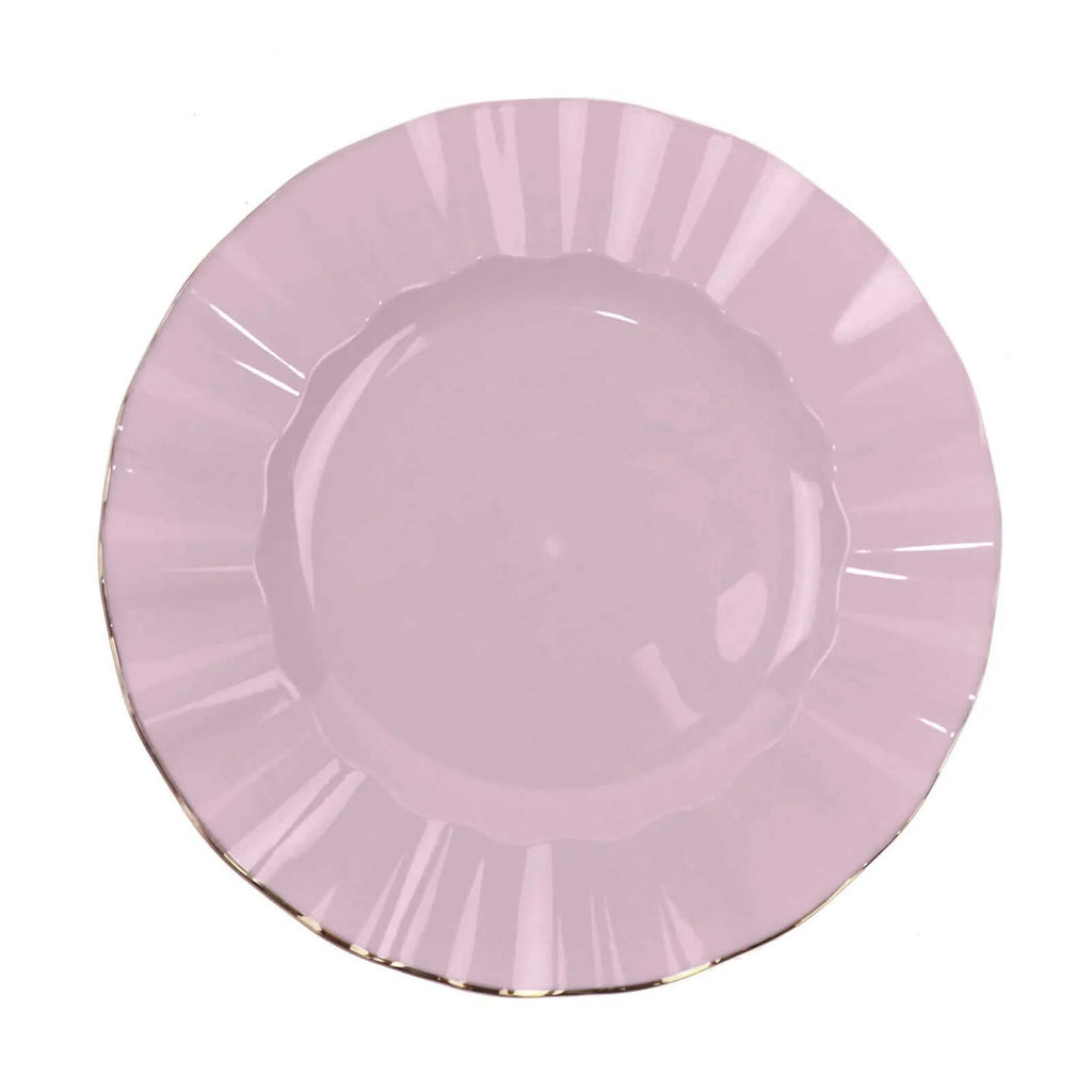10-Pack Plastic 11" Round Dinner Plates in Lavender Lilac Ruffled Rim with Gold Edging - Sturdy Disposable Dinnerware