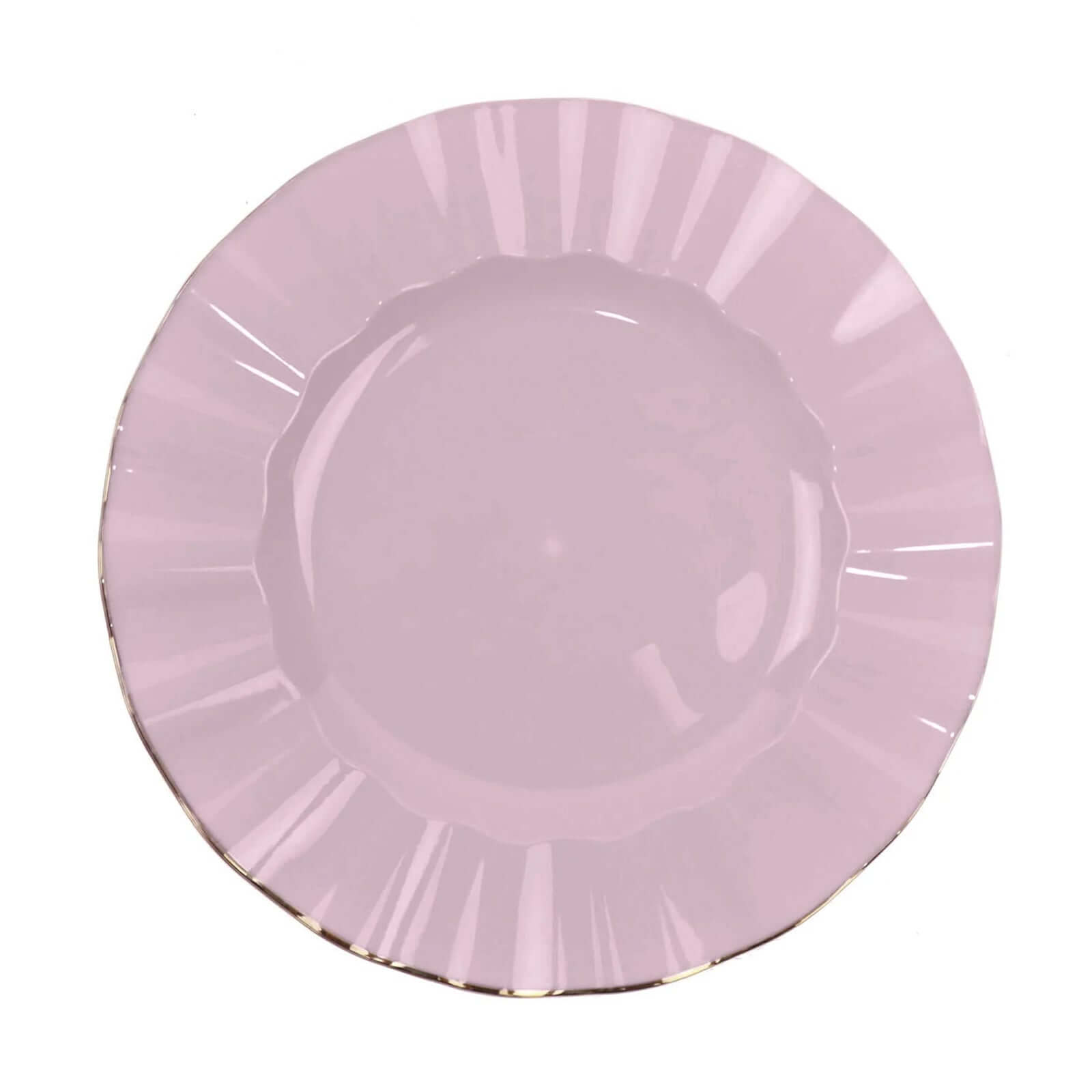 10-Pack Plastic 11" Round Dinner Plates in Lavender Lilac Ruffled Rim with Gold Edging - Sturdy Disposable Dinnerware
