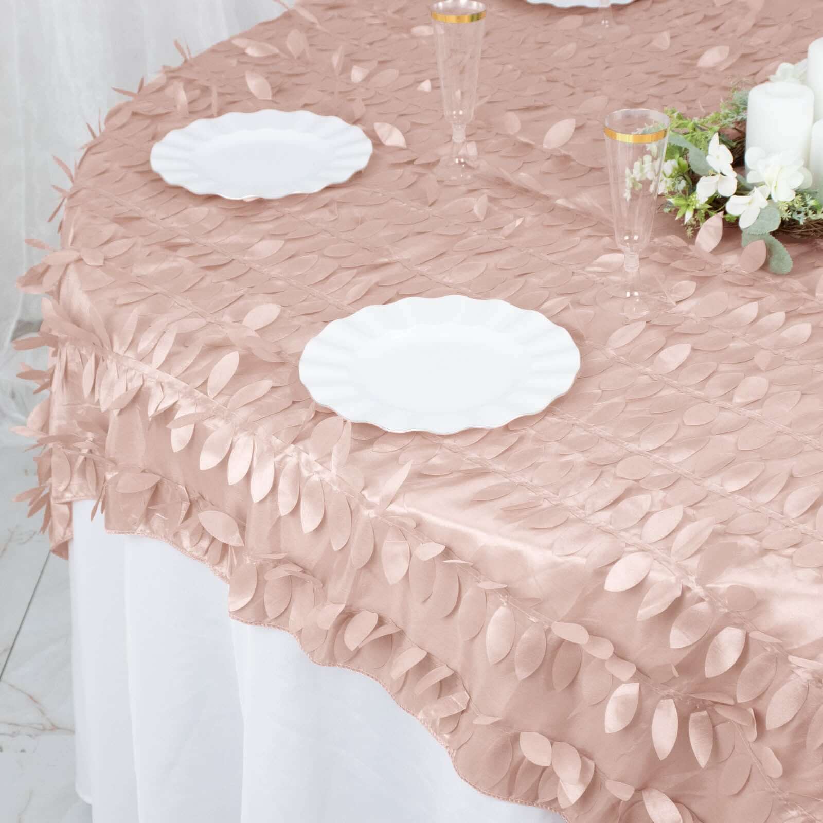 Taffeta 72"x72" Table Overlay Square Tablecloth Dusty Rose - 3D Leaf Petal Table Cover