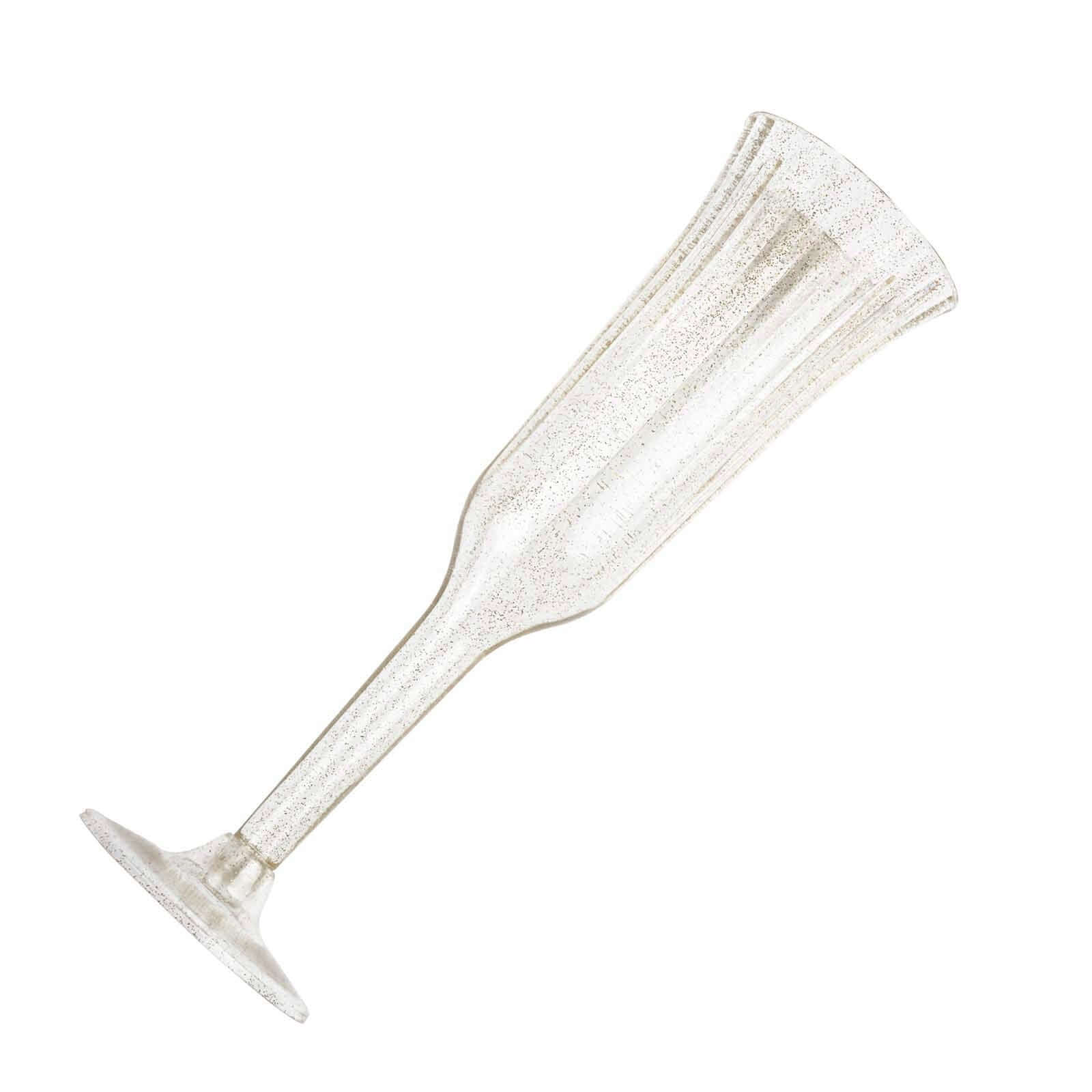 12-Pack Plastic Champagne Flutes Clear/Gold Glitter Flared Design - Lightweight Disposable Toasting Glasses 6oz