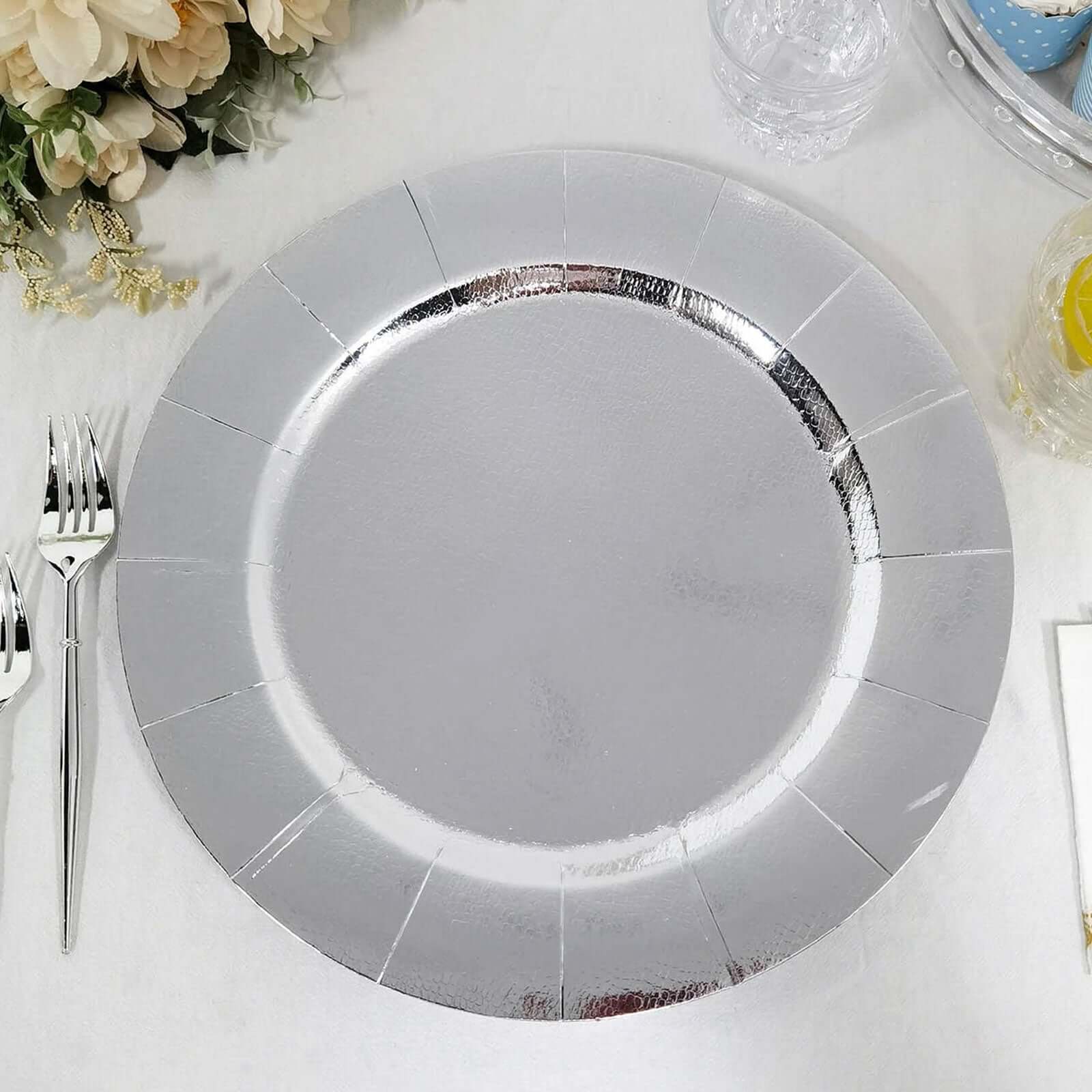 10-Pack Disposable Round Charger Plates in Silver with Leathery Texture - Durable 1100GSM Cardboard Placemats 13"