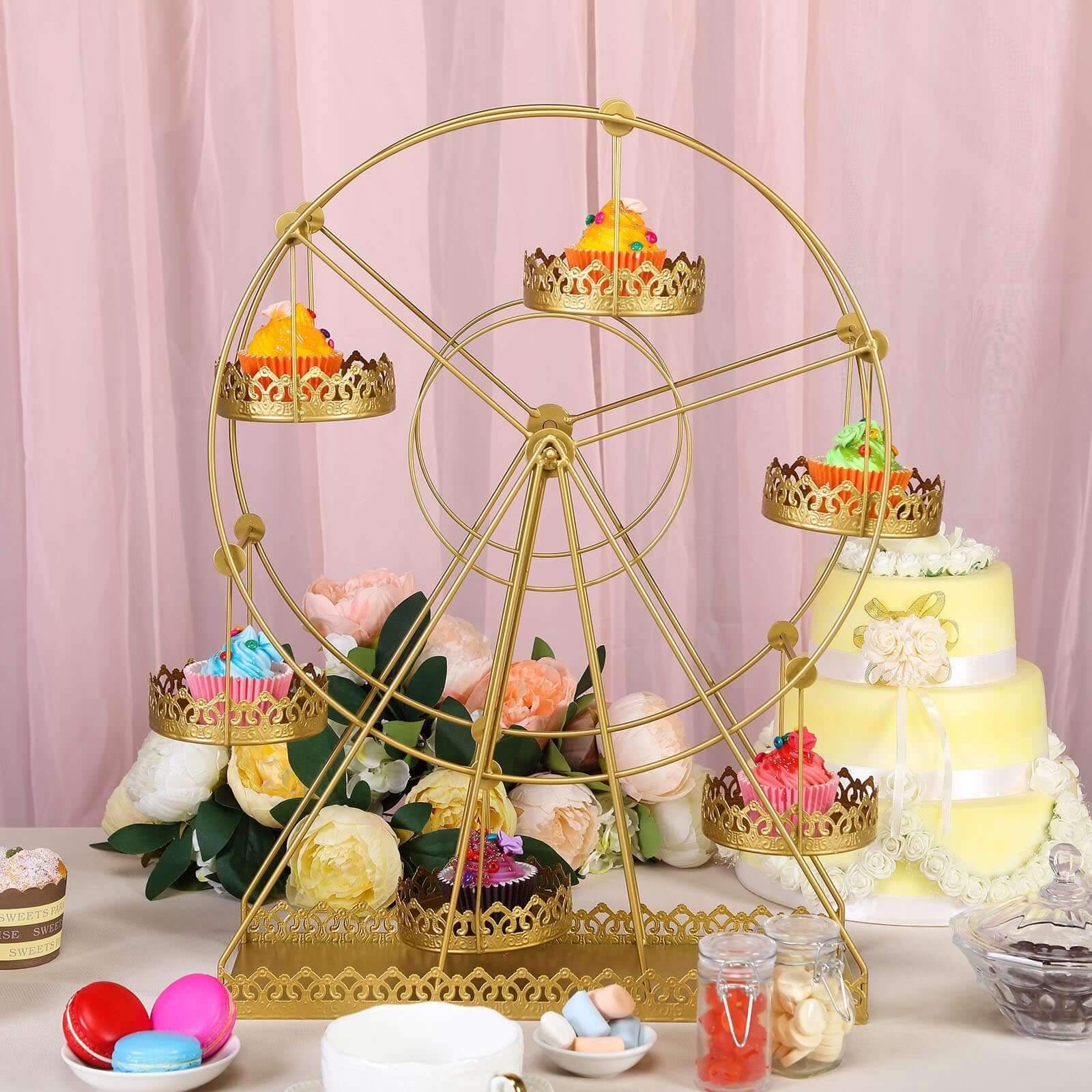 Metal Ferris Wheel Cupcake Holder Gold - Large Decorative Rotating Dessert Display Stand for Carnival-Themed Events Baby Showers & Weddings 23"