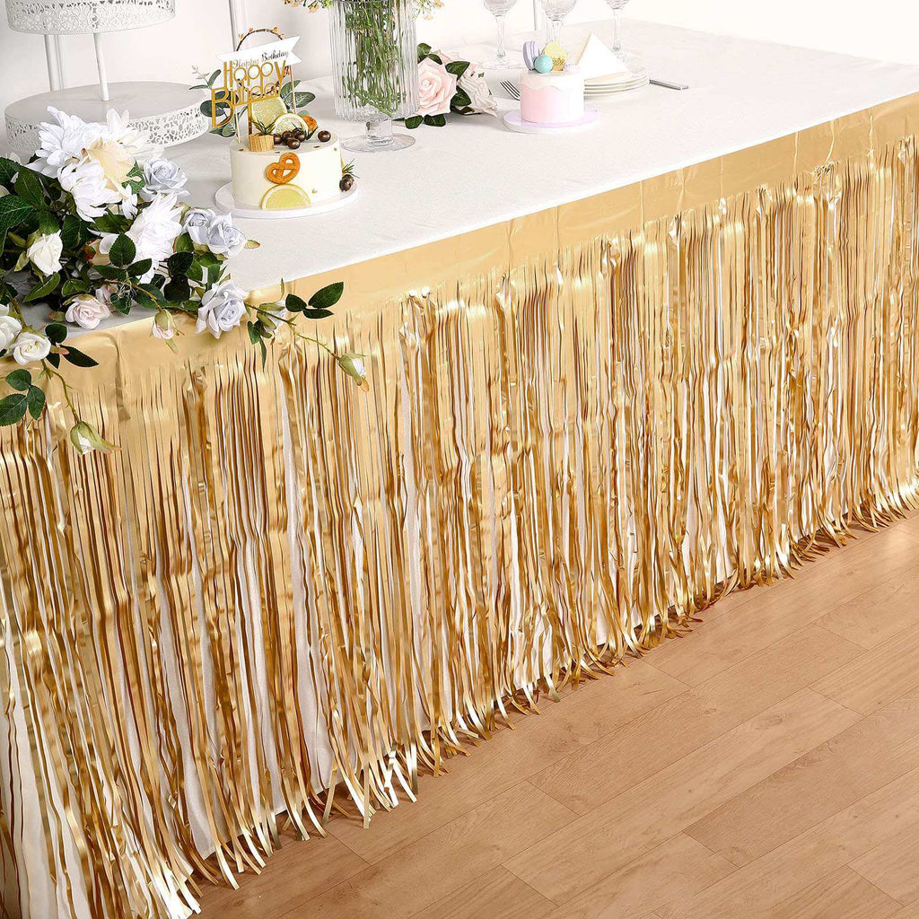 Metallic Foil Fringe Table Skirt Matte Gold with Self Adhesive Backing - Durable Tinsel Skirt for Parties 30"x9ft