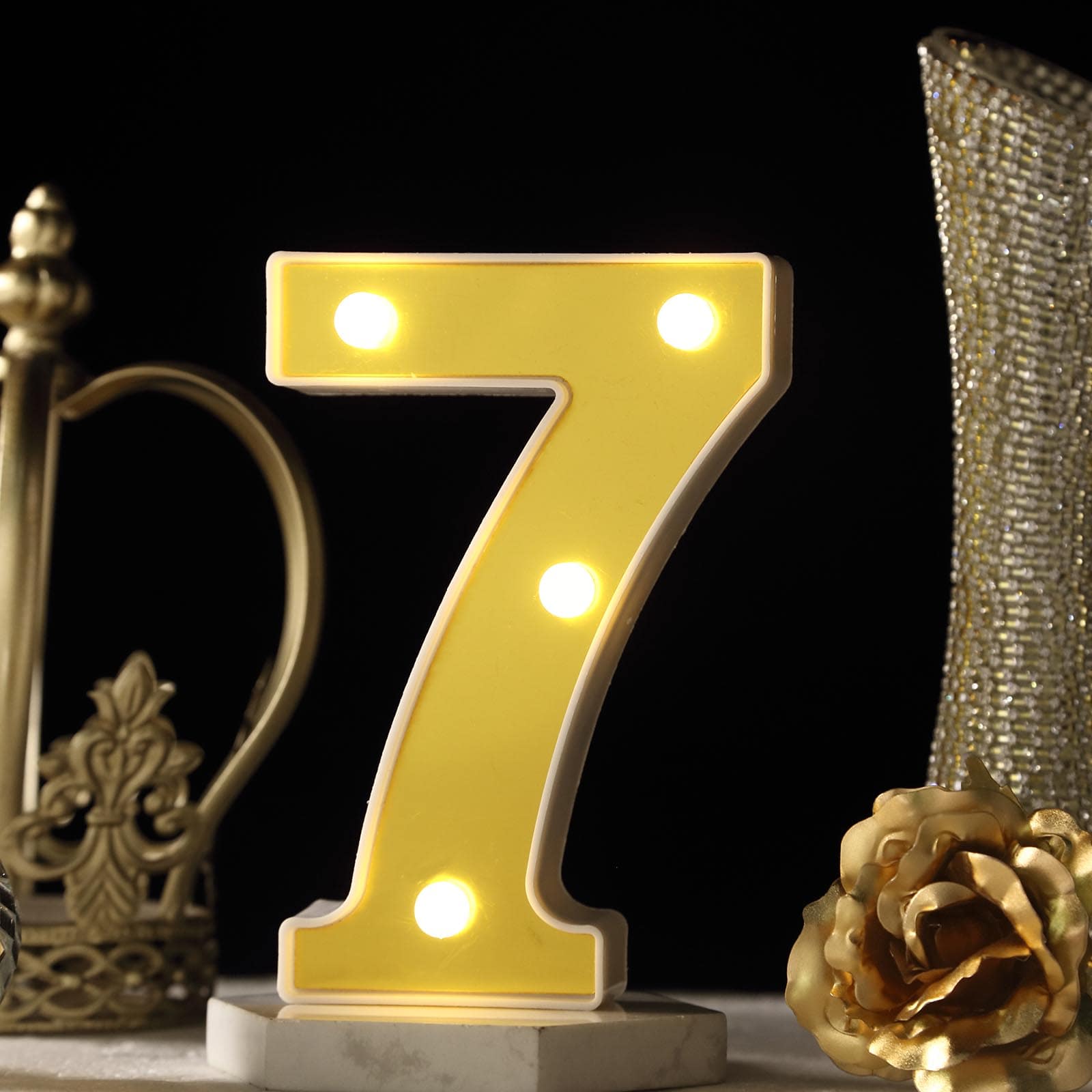 3D Marquee Number "7" Warm White 4 LED Lights Gold - Stylish Light-Up Accent for Events 6"