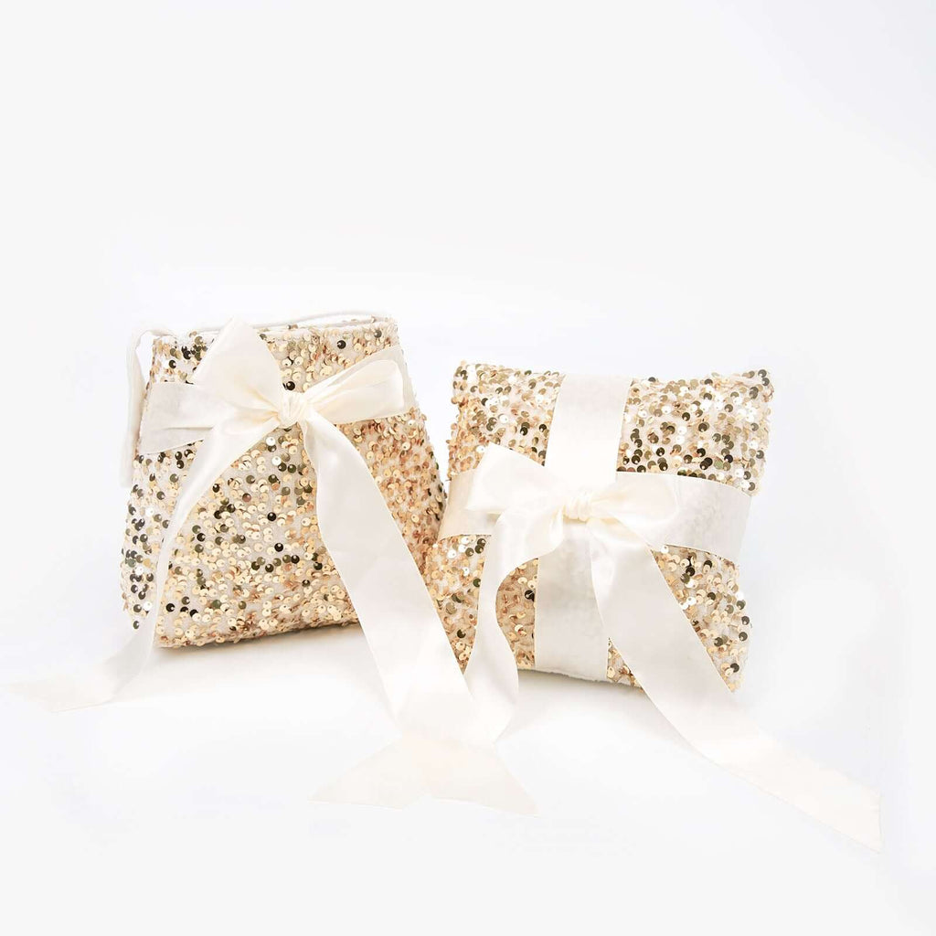 1 Set Gold Sequin Flower Girl Petal Basket and Ring Bearer Pillow Wedding Set