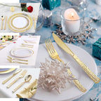 24-Pack Plastic Silverware Set with Hammered Design Gold - Heavy Duty Disposable Utensils 7"