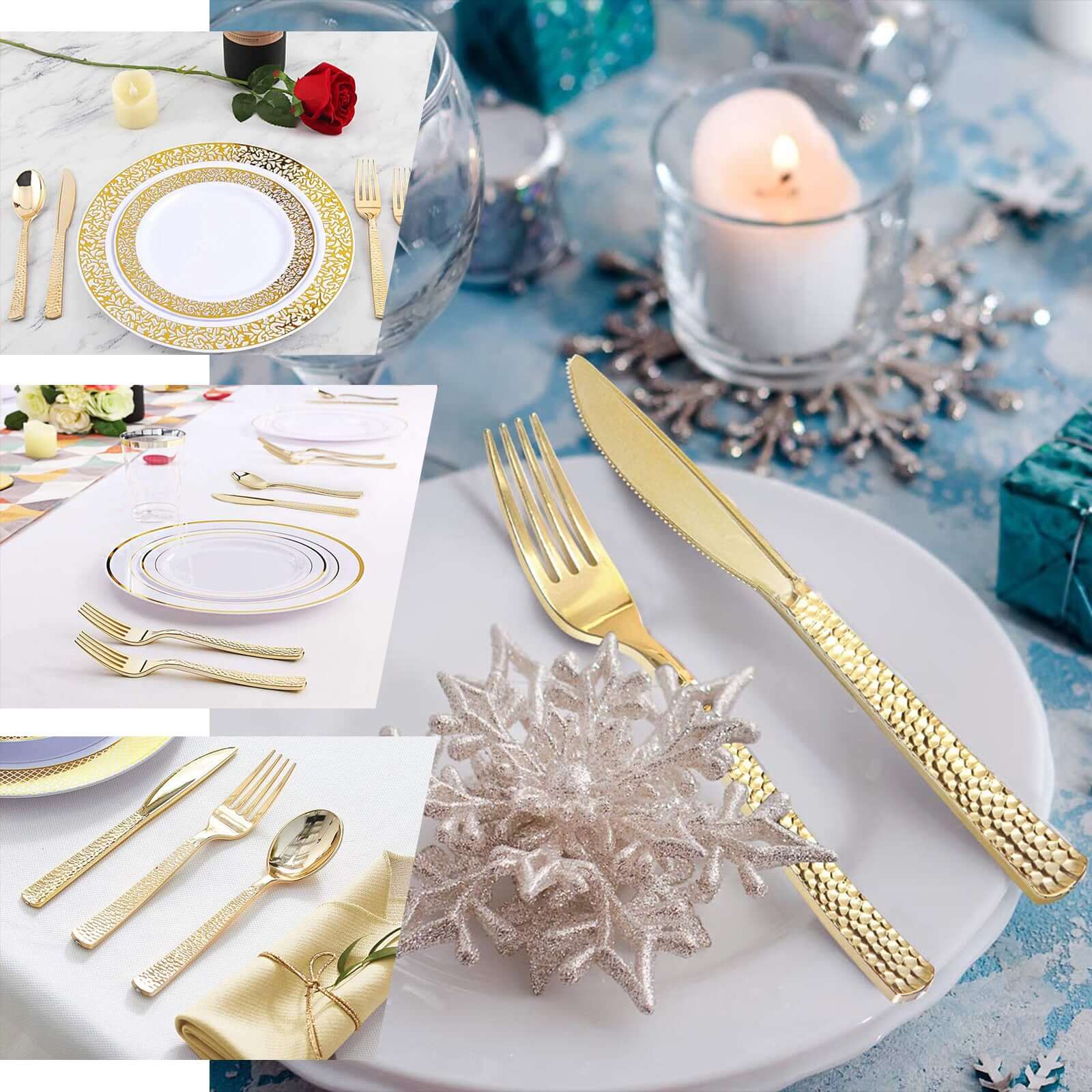 24-Pack Plastic Silverware Set with Hammered Design Gold - Heavy Duty Disposable Utensils 7"