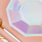 25-Pack Paper 9" Decagon Dinner Plates in Iridescent - Disposable Geometric Party Plates for Disco & Space Themed Events