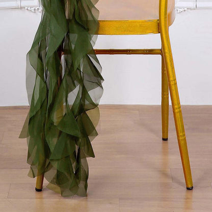 1 Set Chiffon Hoods Chair Sashes with Willow Ruffles Design Olive Green - Stylish Chair Bow Decor