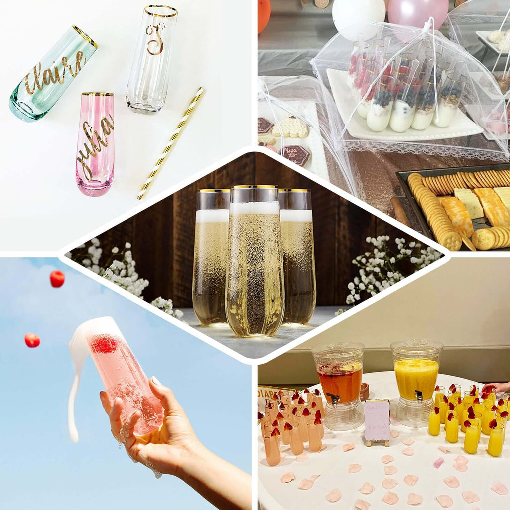 6 Pack Plastic Champagne Glasses in Clear with Gold Rim, Reusable Lightweight Champagne Flutes 9oz