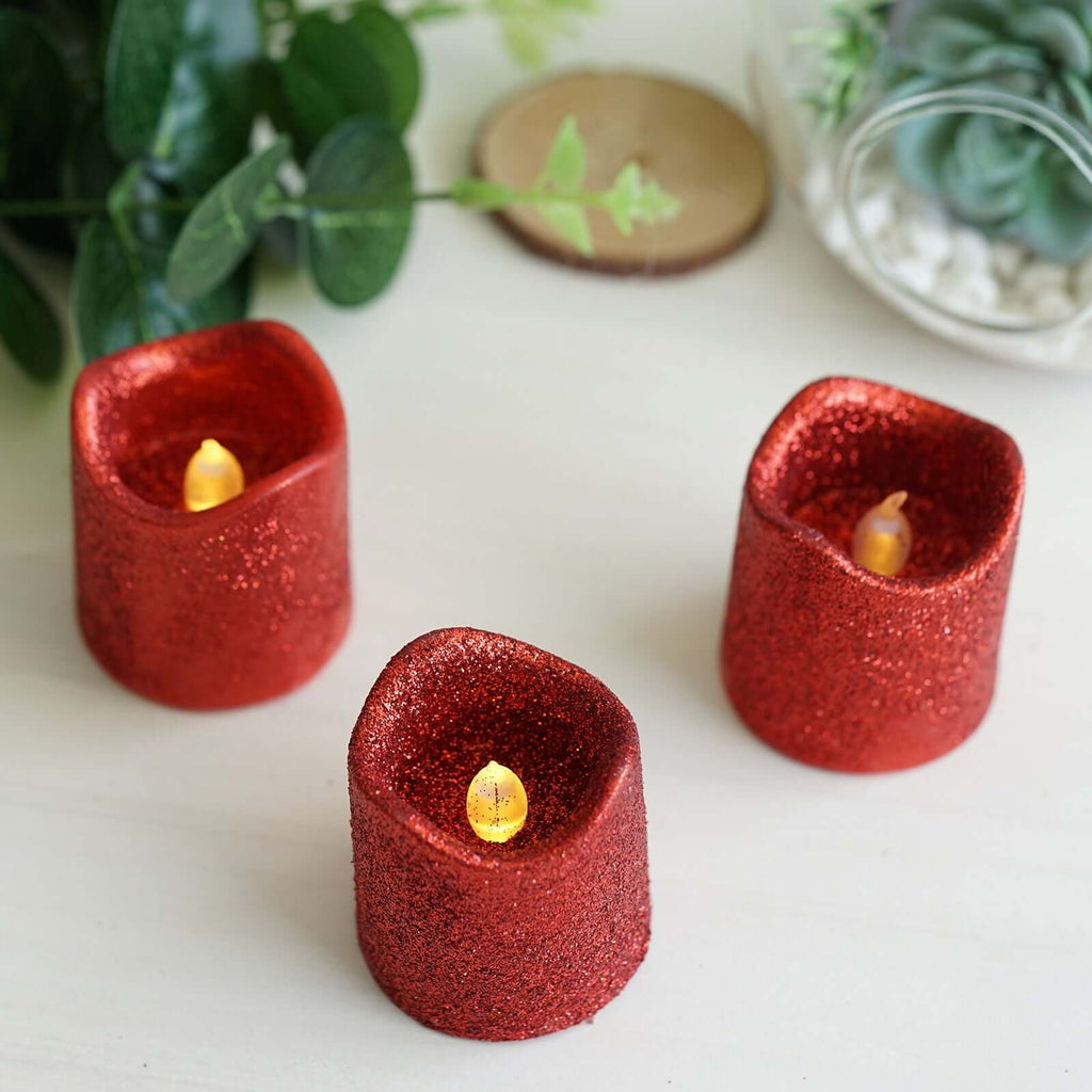 12-Pack LED Votive Candles Glittered Red Design - Reusable Flameless Battery Operated Lights