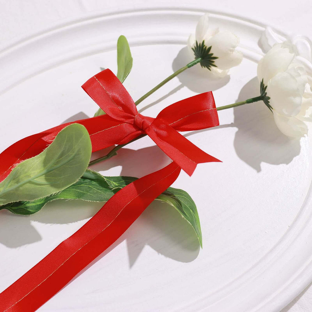 50 Pcs 10" Red Pre Tied Ribbon Bows, Satin Ribbon With Gold Foil Lining For Gift Basket and Party Favors Decor