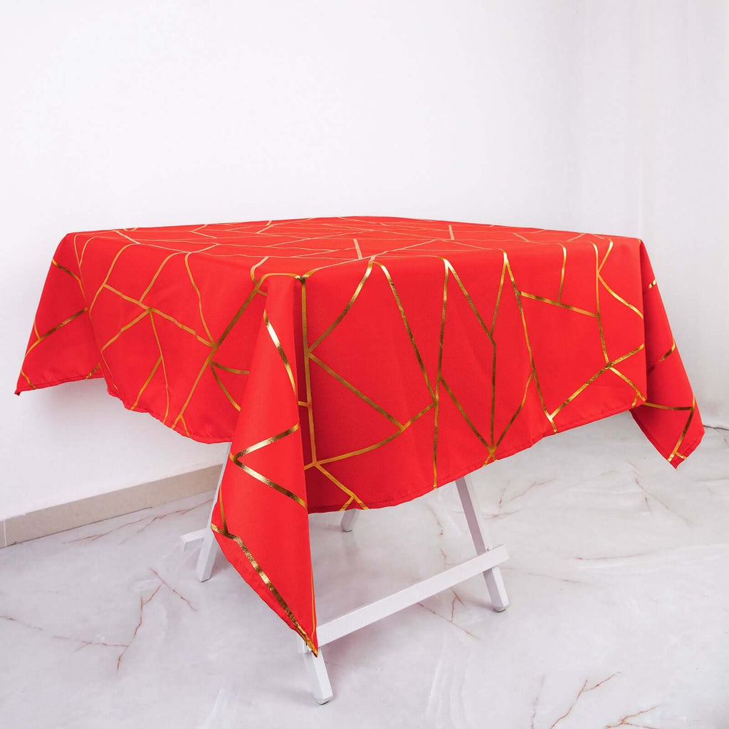 Polyester 54"x54" Square Tablecloth Red with Gold Foil Geometric Pattern - Wrinkle-Resistant & Durable Table Cover