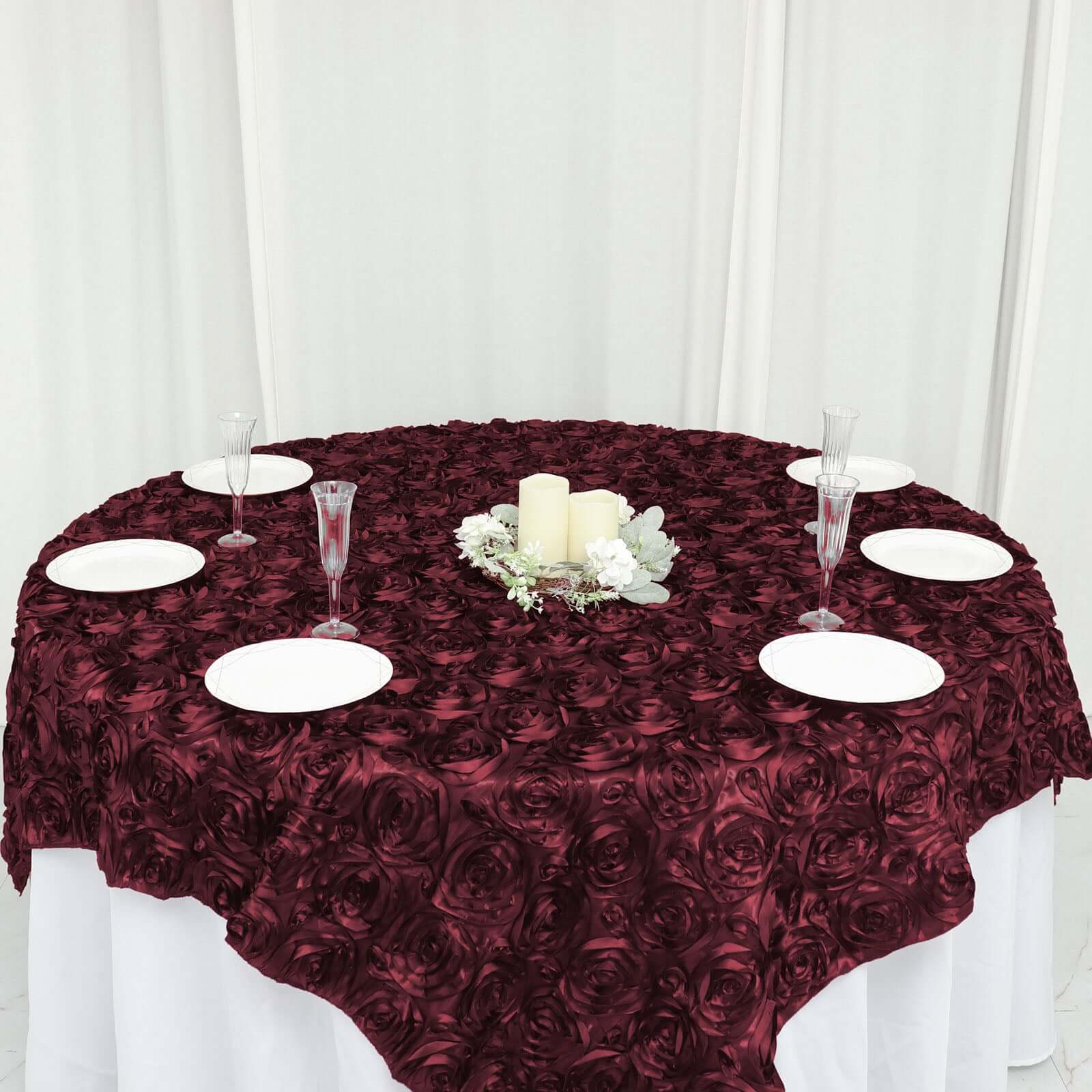 Satin 72"x72" Table Overlay Square Tablecloth Burgundy - 3D Rosette Table Cover